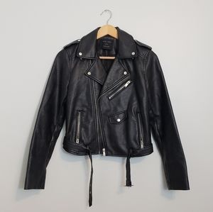 Black Faux Leather Moto Jacket With Belt